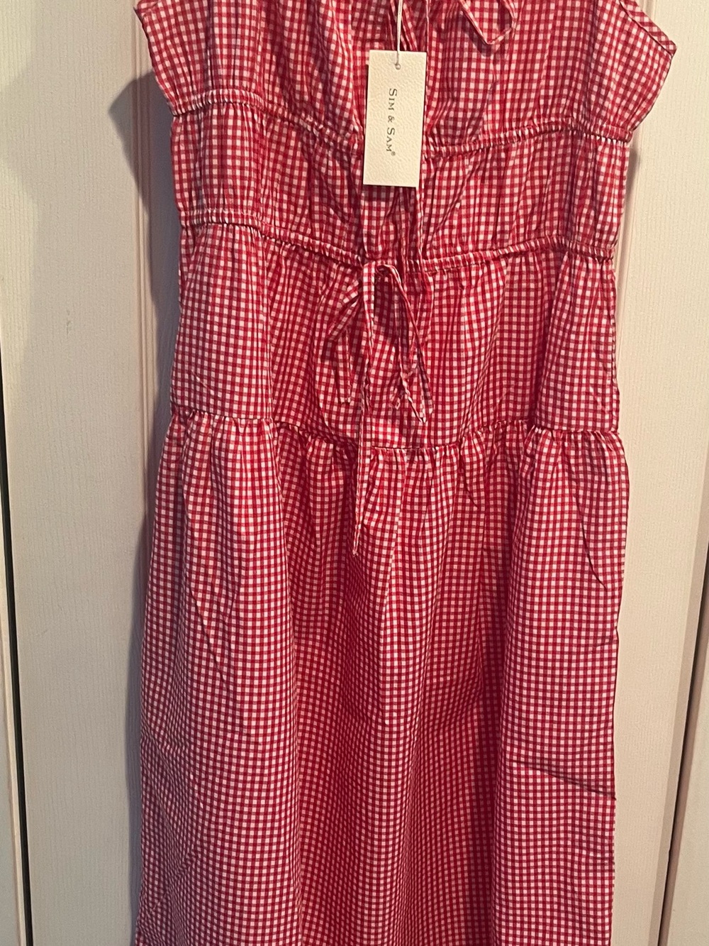 Sim & Sam Smocked Red Gingham Maxi Dress with Tie Waist XL NWT